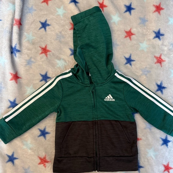 adidas Green and Black Sweatshirt with Hood and Striped Sleeves, Size 12 months - Picture 1 of 4
